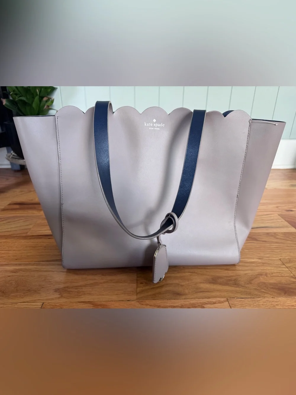 kate spade Scallop-Top Tote in Light Taupe with Navy Straps
